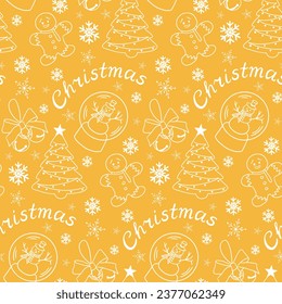 Christmas doodle pattern with traditional items. Christmas tree, gingerbread man, jingle bells, snowman in outline sketchy style. White doodles on yellow background. Winter design for wrapping textile