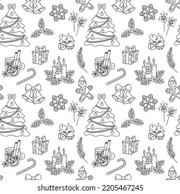 Christmas doodle pattern. Vector seamless black and white background with outline hand drawn Christmas holiday elements. Xmas design objects. Doodle repeat illustration.