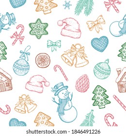 Patrón de doodle de Navidad. Esbozo vectorial, fondo dibujado a mano. Navidad en invierno, decoración sin fisuras con nieve, árbol de Navidad, pan de jengibre, copo de nieve, holly. Conjunto de arte vintage de vacaciones. Papel de caricatura