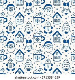 Christmas doodle pattern. Warm drink, gingerbread, bell, Santa Claus, and a Christmas tree. Cute winter background.