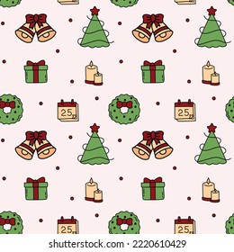 Christmas doodle pattern with wreath, candles, gift, christmas tree, calendar and bells, seamless vector pattern