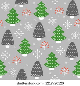 Christmas doodle pine tree with snowflake, seamless pattern with clipping mask, easy to editable
