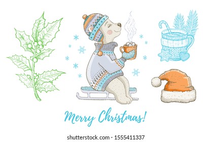 Christmas doodle polar bear animal, Santa hat, holly set. Cute watercolor hand drawing collection. Poster, greeting card, design element. Vintage graphic, vector illustration isolated white background