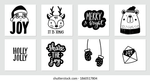 Christmas doodle posters with Santa Claus, baby deer, cute bear, mittens and lettering quotes Holly Jolly, Merry and bright. Happy New Year and Xmas vector collection in sketch style. Black and white.