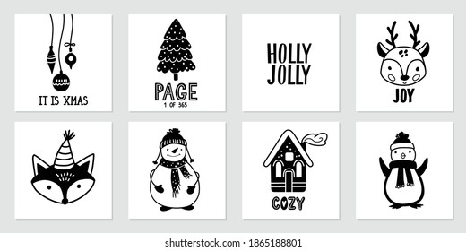 Christmas doodle posters with snowman, christmas tree, cute deer, penguin, fox, home and lettering quotes. Happy New Year and Xmas vector collection in sketch style.