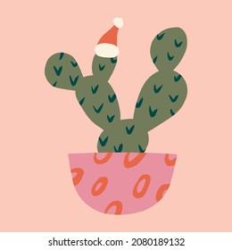 Christmas doodle potted cactus plant Santa character childish cartoon boho naive funky handdrawn style art vector