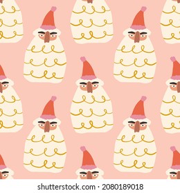 Christmas doodle Santa Noel face childish cartoon doodles boho naive funky handdrawn style art seamless pattern vector 