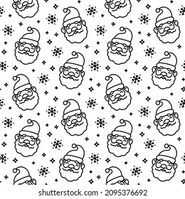 Christmas doodle Santa's face, stars, snowflakes seamless pattern. Smiling Santa linear black and white festive winter holiday background, gift wrap pattern.