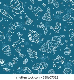 Christmas doodle seamless pattern. Background with angel, bird, red nosed deer, Santa, Christmas tree, stocking, garland, holly berry, cloud with snowflakes, decoration balls in line art style