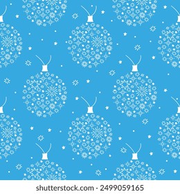 Christmas doodle seamless pattern with balls and snowflakes on blue background. New year vector backdrop. Wrapping paper for Christmas presents