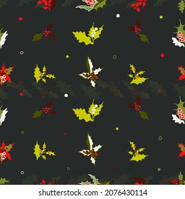 Christmas doodle seamless pattern. Black background, green and red holly. Winter decoration. Textile for new year holiday, gift paper. Print for winter holidays decoration. Christmas flower vector.