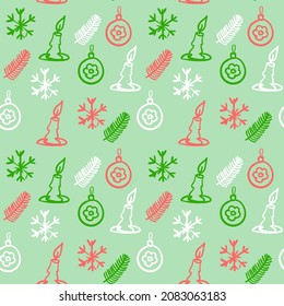 Christmas doodle seamless pattern. Fir tree branch, snow flake, candle, Christmas ball. Green, red and white colors. Hand drawn Xmas, New Year, winter holiday seasonal design