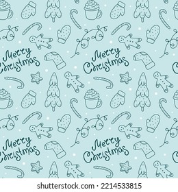 Christmas doodle seamless pattern with fir tree, garland, candy cane, mittens, gingerbread man, cocoa and lettering Merry Christmas.Blue winter background for a wrapping paper, wallpaper, scrapbooking