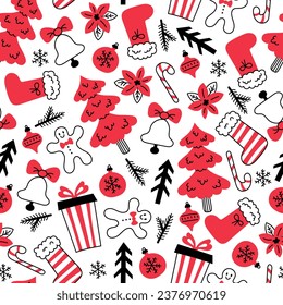 Christmas doodle seamless pattern. Funny hand drawn Xmas symbols on white background. Repeat vector illustration.