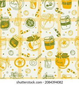 Christmas doodle seamless pattern gift paper. Delicious healthy New Year food. Tablecloth. Green and yellow honey caps, citrus dried fruits, homemade sweets. Print for winter holidays decoration. 