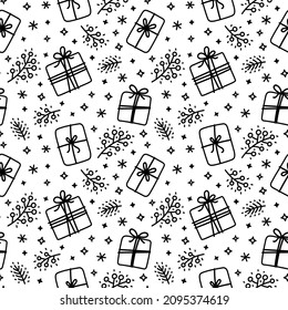 Christmas doodle seamless pattern, gift boxes, snowflakes, Christmas tree branches, star, parcel, spruce branches. Scattered festive linear pattern, black and white winter holiday background.