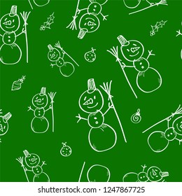 Christmas doodle seamless pattern with hand drawn snowman. Cute Christmas holidays cartoon character background.
