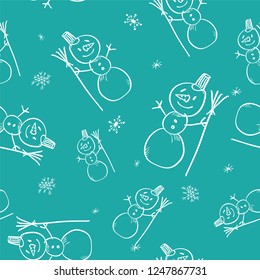 Christmas doodle seamless pattern with hand drawn snowman. Cute Christmas holidays cartoon character background.