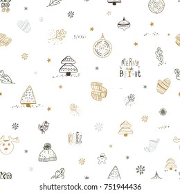 Christmas doodle seamless pattern, hand drawn scandinavian style new year design elements for isolated on white background.