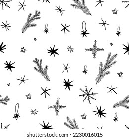 Christmas doodle seamless pattern in line art style. Abstract line drawing.