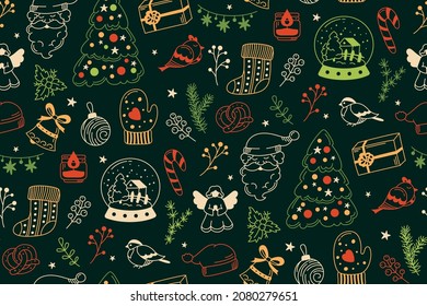 Christmas doodle seamless pattern. New year wrapper santa claus, garland, bell, candle, tree gift box and pretzel, lollipop. Xmas boundless holiday celebrate. Scrapbook noel endless dark textile