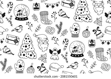 Christmas doodle seamless pattern. New year wrapper santa claus, garland, bell, candle, tree gift box and pretzel, lollipop. Xmas contour boundless, holiday celebrate. Scrapbook noel endless design