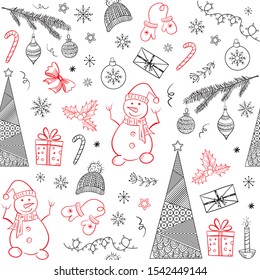 Christmas doodle seamless pattern on white background. Vector illustration
