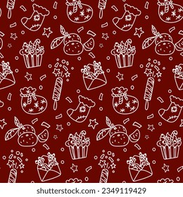 Christmas doodle with seamless pattern on red background. Happy texture of a winter holiday. Happy New Year. Draw the contours of decorative design elements in retro style. Packaging