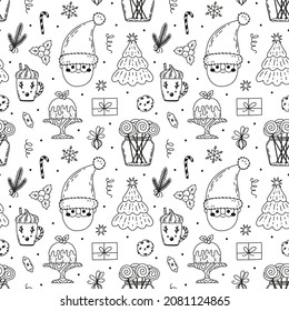 Christmas doodle seamless pattern with Santa Claus, candies, lollipops, gift box, tree, holly, cake, snowflakes. Hand drawn festive background.