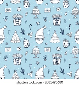 Christmas doodle seamless pattern with Santa Claus, candies, lollipops, gift box, tree, holly, cake, snowflakes. Hand drawn festive background with blue and white colors.