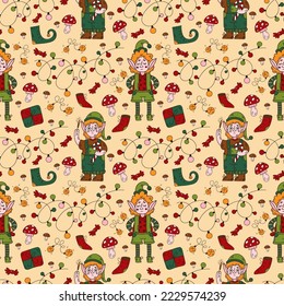 Christmas doodle seamless pattern with Santa's elves gifts,  mushrooms, socks, garlands and candy