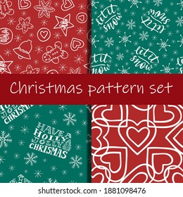 Christmas doodle seamless pattern set of 4, winter holidays season red and green backgrounds vector for cards, banners, wrapping paper, posters, scrapbooking, pillow, cups and fabric design. 