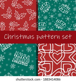 Christmas doodle seamless pattern set of 4, winter holidays season red and green backgrounds vector for cards, banners, wrapping paper, posters, scrapbooking, pillow, cups and fabric design. 