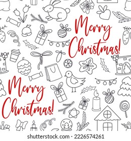 Christmas doodle seamless pattern. Simple Christmas background for packaging, paper, textiles and design. Hand drawn winter attributes continuously vector illustration