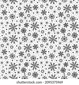 Christmas doodle seamless pattern, snowflakes, stars, dots and falling snow. Cute scattered winter snowflake texture pattern. Black and white linear festive winter holiday background.