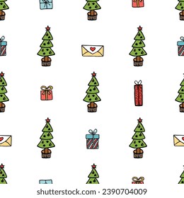 Christmas doodle seamless pattern with Christmas tree, gift boxes, postal envelope.