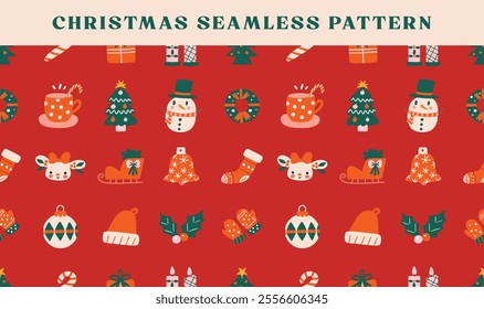 christmas doodle seamless pattern, unique patterns, minimal lines, whimsical, playful, childish style on red background