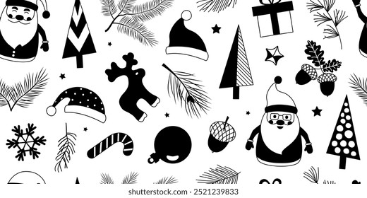 Christmas doodle seamless pattern, xmas background, winter bg. Holiday decoration elements. Santa Claus, gift, candy cone, reindeer, ball, snowflake, hat, fir and pine tree. Season vector illustration