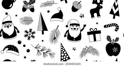 Christmas doodle seamless pattern, Xmas winter background. Holiday decoration element print Santa Claus, gift, candy cone, reindeer, ball, snowflake, fir and pine tree. Season vector illustration