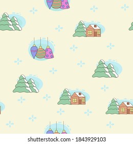 Christmas doodle seamless vector pattern with tree, house and christmas toy.