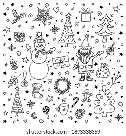 Christmas doodle set black line: Santa Claus, snowman, fir-tree, wreath, holly, poinsettia, mistletoe, sock, mitten, bag, candy, cookie, mug with a drink, snowflake. Isolated object white background.