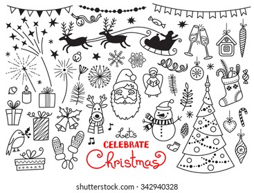 Christmas Doodle Set Of Characters And Decorations. Santa, Reindeer, Xmas Tree, Snowman... Freehand Vector Drawings Isolated Over White Background.