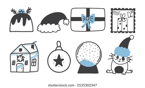 Christmas doodle set with cute festive elements. Holiday hand draw vector icons. 