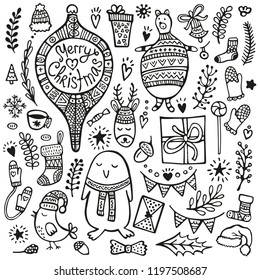 Christmas doodle set. Cute hand drawn elements, bear, deer, hats, scarfs, bird, mittens, twigs and others 