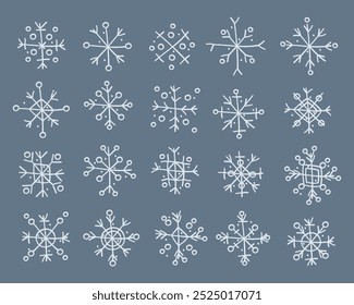 Navidades doodle conjunto con diferentes tipos de copos de nieve. Ilustración de Clipart de Vector de color Doodle.