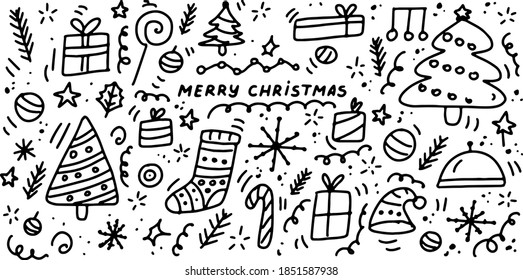 Christmas Doodle Set. Hand drawn lines cartoon set of items and symbols on the new year theme. Vector icons collection isolation on white background.