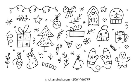 Christmas doodle set. Hand drawn cute icons. Ideal for coloring books, stamps, invitations and others. Vector illustration.