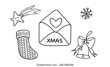Christmas doodle set of hand drawn illustrations vector black and white icons