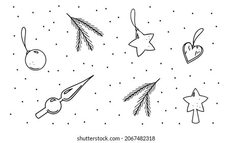 Christmas doodle set of hand drawn illustrations vector black and white icons