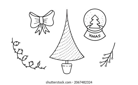 Christmas doodle set of hand drawn illustrations vector black and white icons